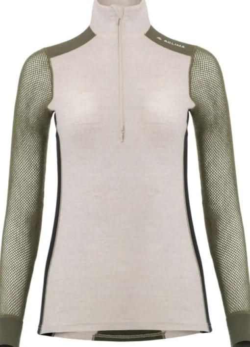Aclima WoolNet Hybrid Mockneck naisten hybridikerrastopaita, Olive Night/Beige Melange/Jet Black Hot