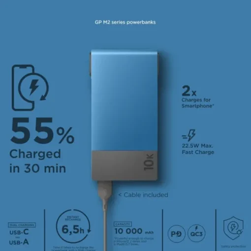 GP Batteries GP Powerbank M2 10000 mAh varavirtalähde, sininen New